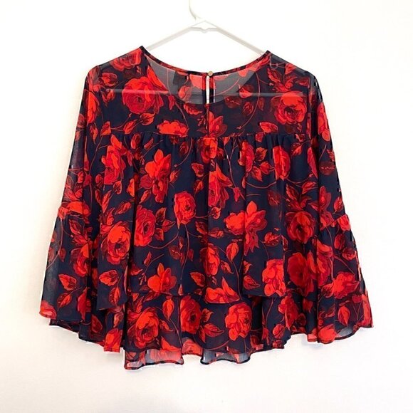 A NEW DAY Tiered Floral Blouse Navy Blue Red 3/4 Bell Sleeve Sheer / Lined Boho - Picture 11 of 12